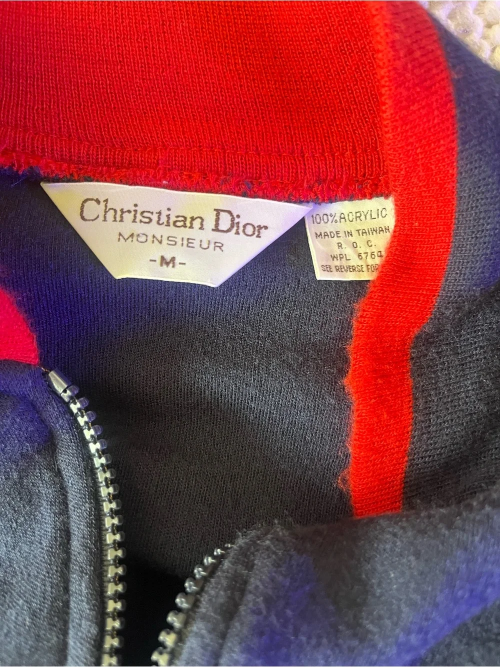 Vintage Dior Men’s Blue Zip-Up Track Jacket with Red and White Trim